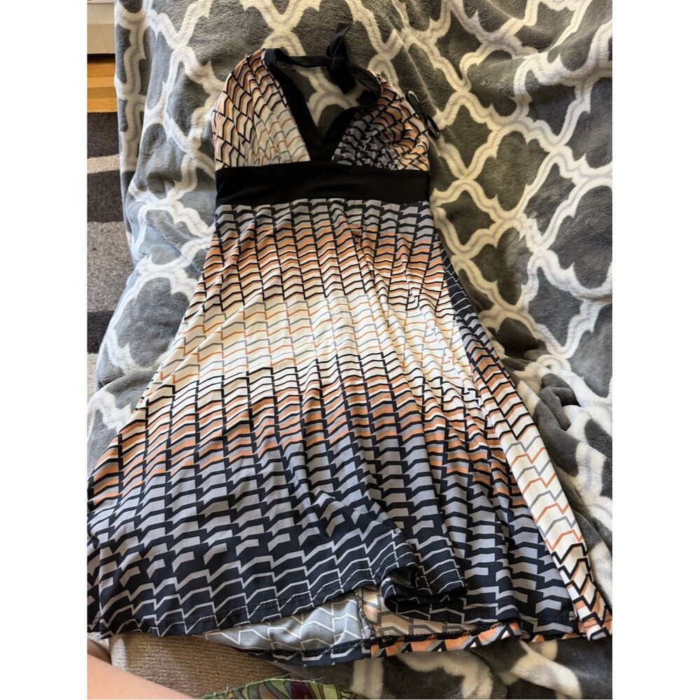 Vintage Alyn Paige Black, Peach & White Geometric Dress
